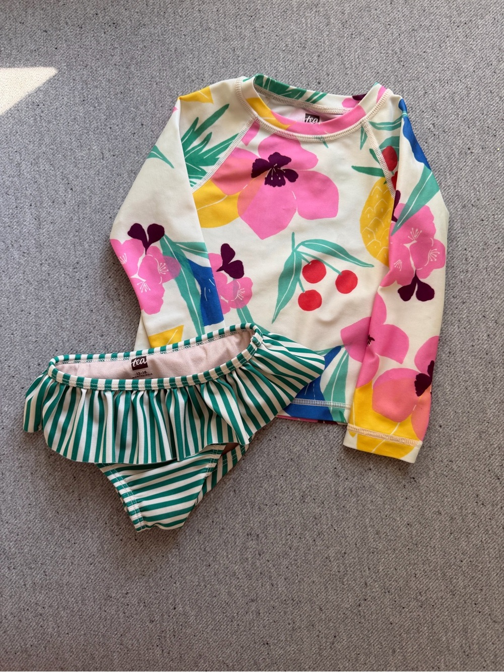 Tea Collection 12-18mo Floral Rashguard with Green Stripe Ruffle Bikini bottom